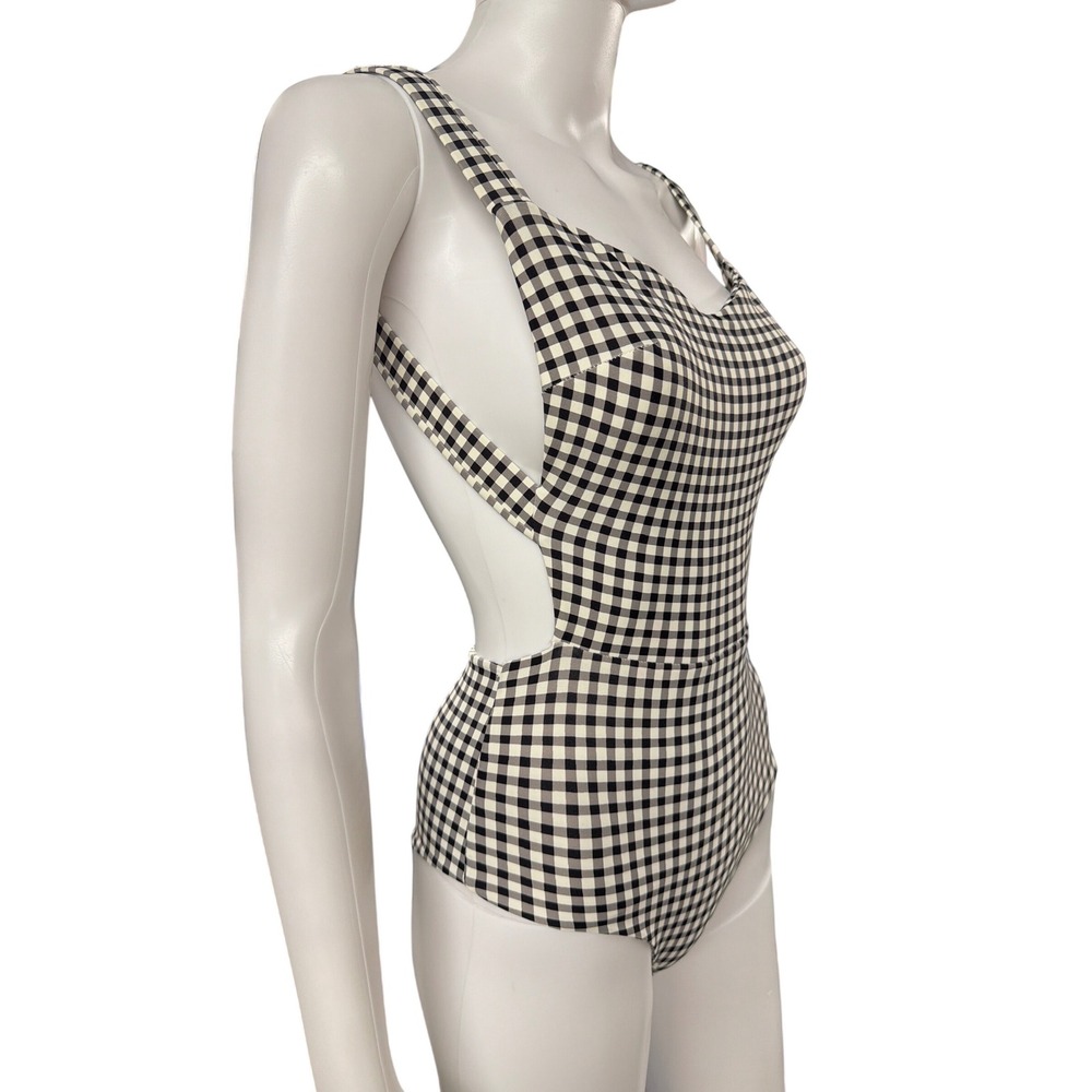 Montce Swim XS Black White Gingham One Piece Cutout Ruched Back Swimsuit